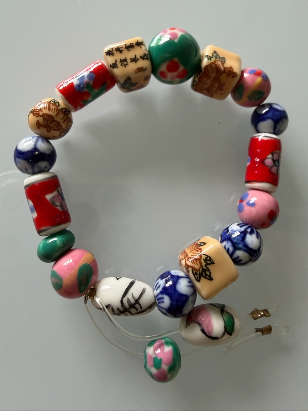 Vintage Chinese Porcelain Bead Bracelet with hand painted designs